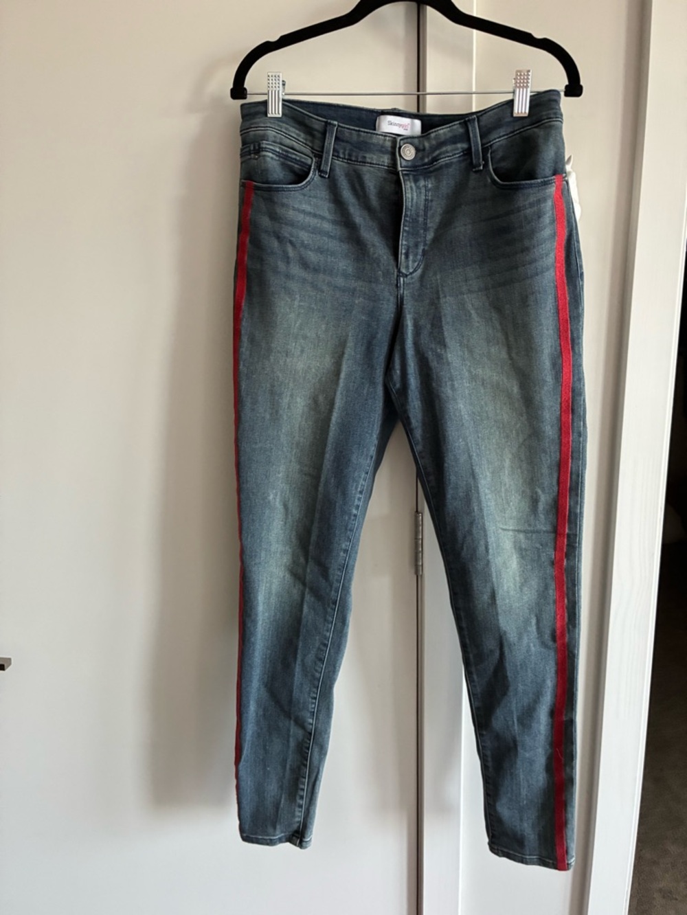 Women’s Blue Denim Skinnygirl Jeans with Red Side Stripe